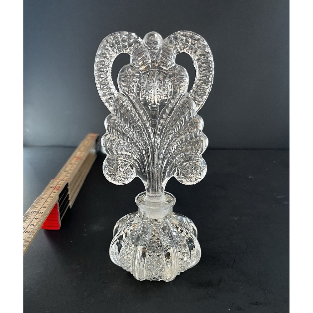 Vintage Art Deco Diamond Cut Glass Perfume Bottle with Large Fan Stopper - 7"